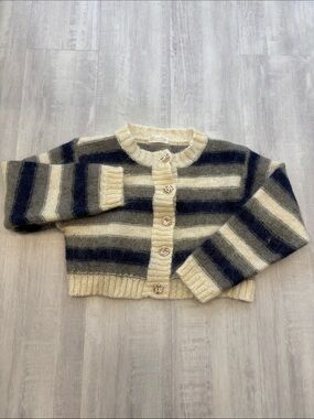 Bell Rose Striped Copped Button-Up Wool Cardigan Sweater in Cream and Navy